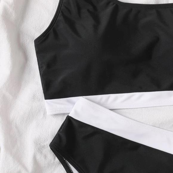 WOMENS contrast trim one shoulder high waisted bikini swimsuit - Picture 4 of 8